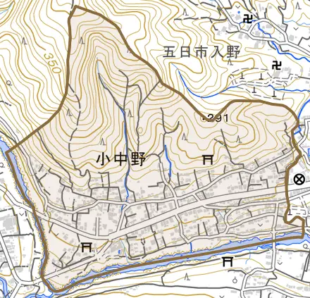 小中野とその周辺の地図。町の範囲を重ねている