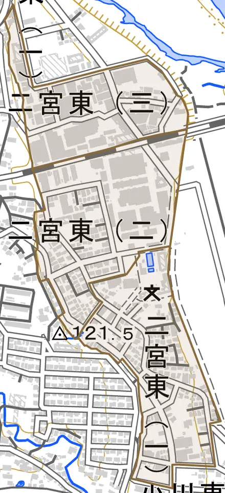 二宮東とその周辺の地図。町の範囲を重ねている