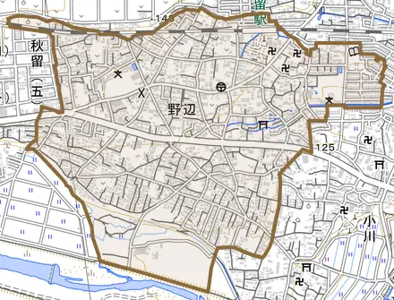 野辺とその周辺の地図。町の範囲を重ねている
