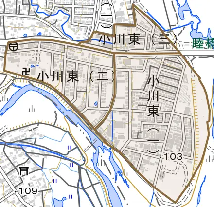 小川東とその周辺の地図。町の範囲を重ねている