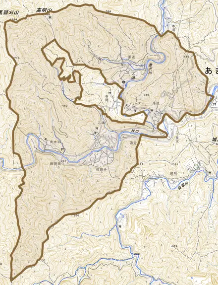 乙津とその周辺の地図。町の範囲を重ねている