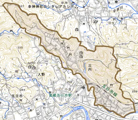 三内とその周辺の地図。町の範囲を重ねている