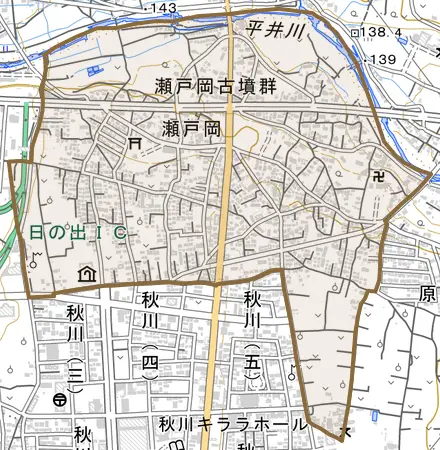 瀬戸岡とその周辺の地図。町の範囲を重ねている