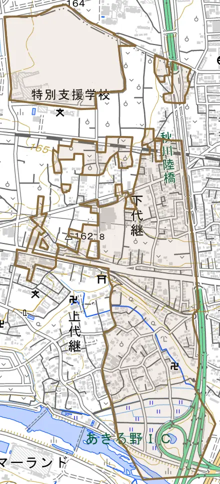 下代継とその周辺の地図。町の範囲を重ねている