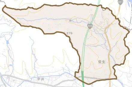 菅生とその周辺の地図。町の範囲を重ねている