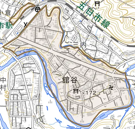 舘谷とその周辺の地図。町の範囲を重ねている