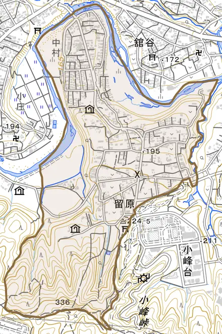 留原とその周辺の地図。町の範囲を重ねている
