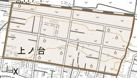 上ノ台とその周辺の地図。町の範囲を重ねている