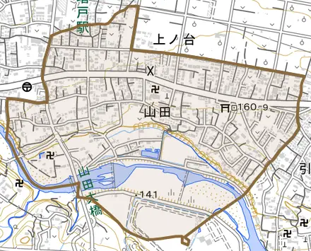 山田とその周辺の地図。町の範囲を重ねている