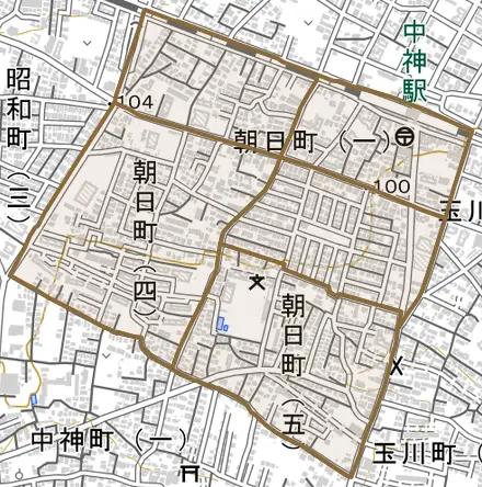 朝日町とその周辺の地図。町の範囲を重ねている