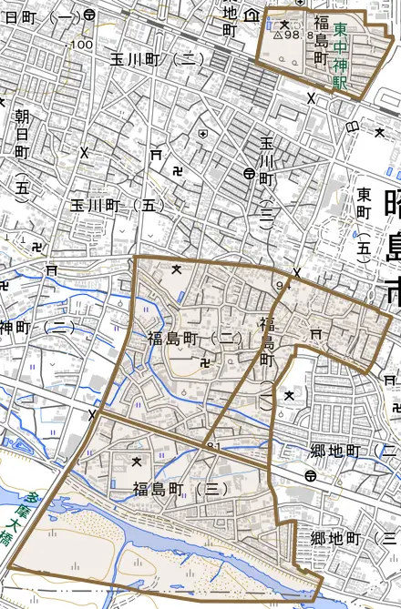 福島町とその周辺の地図。町の範囲を重ねている