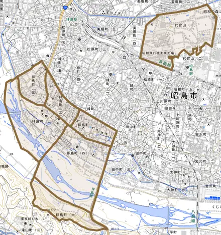 拝島町とその周辺の地図。町の範囲を重ねている