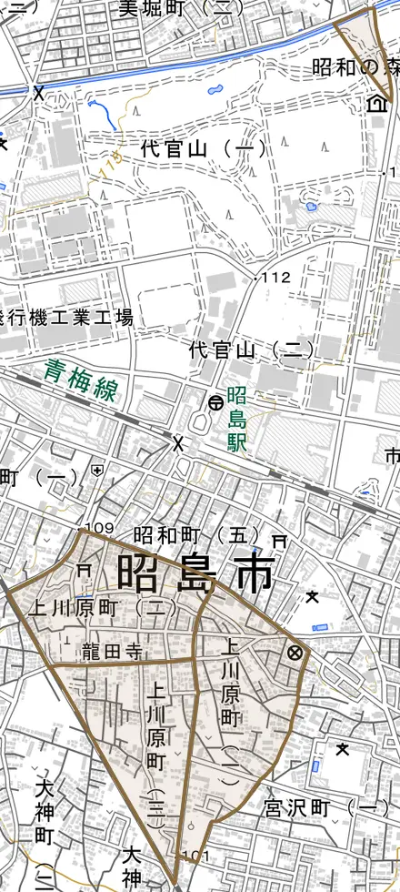 上川原町とその周辺の地図。町の範囲を重ねている