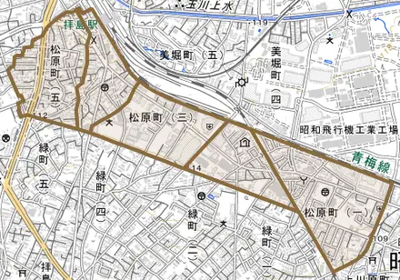 松原町とその周辺の地図。町の範囲を重ねている
