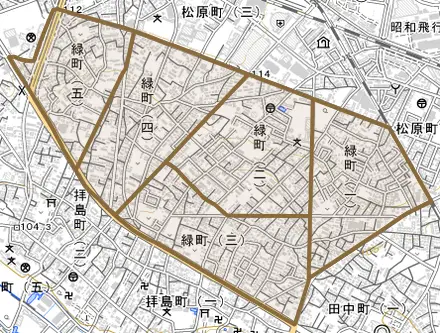 緑町とその周辺の地図。町の範囲を重ねている