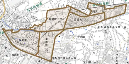 美堀町とその周辺の地図。町の範囲を重ねている