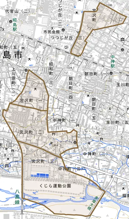 宮沢町とその周辺の地図。町の範囲を重ねている