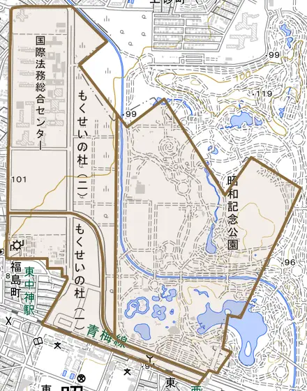 もくせいの杜とその周辺の地図。町の範囲を重ねている