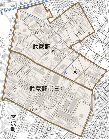 武蔵野とその周辺の地図。町の範囲を重ねている