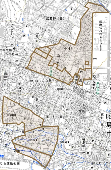 中神町とその周辺の地図。町の範囲を重ねている