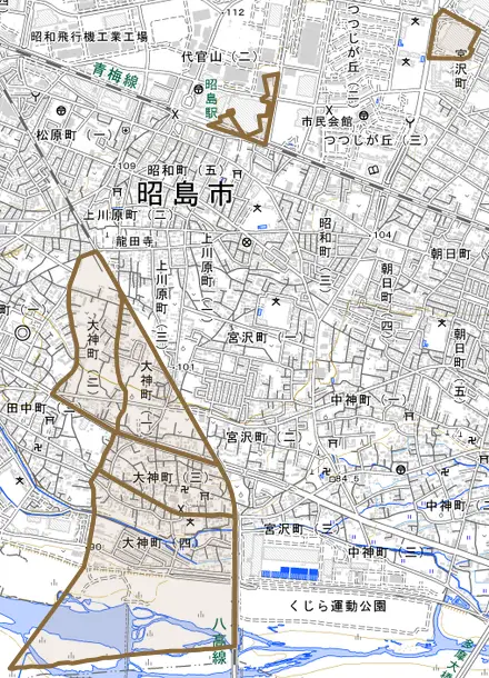 大神町とその周辺の地図。町の範囲を重ねている