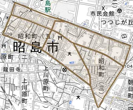 昭和町とその周辺の地図。町の範囲を重ねている