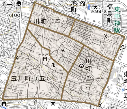 玉川町とその周辺の地図。町の範囲を重ねている