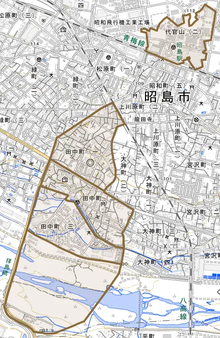 田中町とその周辺の地図。町の範囲を重ねている