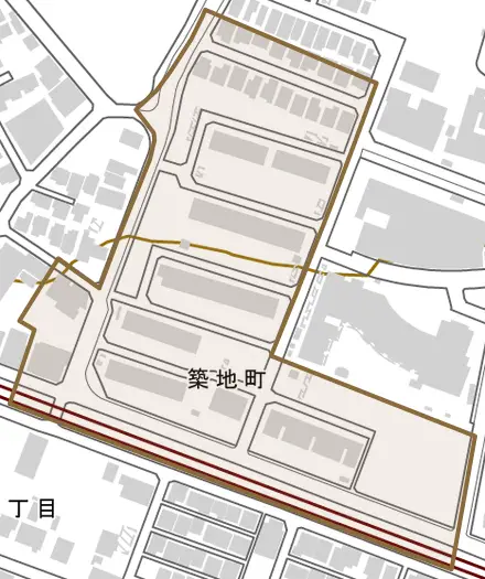 築地町とその周辺の地図。町の範囲を重ねている