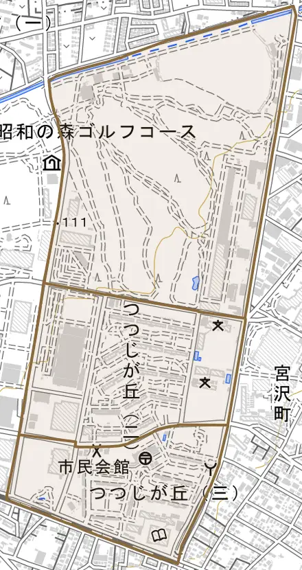 つつじが丘とその周辺の地図。町の範囲を重ねている