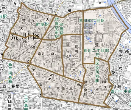 荒川とその周辺の地図。町の範囲を重ねている