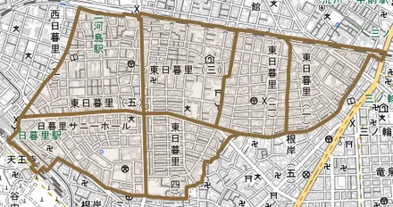 東日暮里とその周辺の地図。町の範囲を重ねている