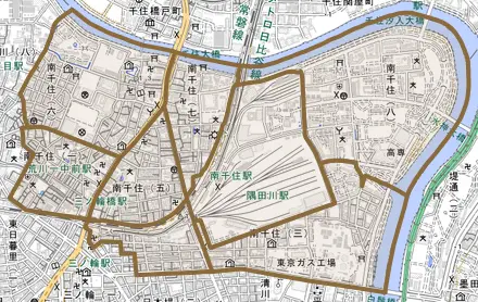 南千住とその周辺の地図。町の範囲を重ねている