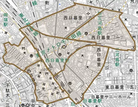 西日暮里とその周辺の地図。町の範囲を重ねている