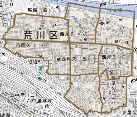 西尾久とその周辺の地図。町の範囲を重ねている