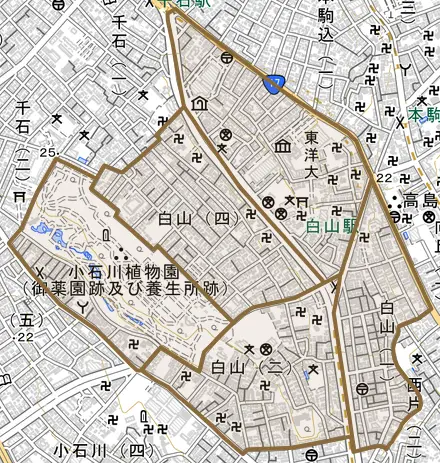 白山とその周辺の地図。町の範囲を重ねている