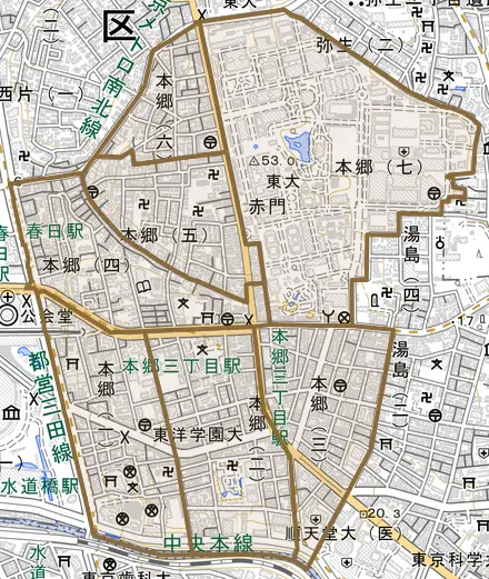本郷とその周辺の地図。町の範囲を重ねている