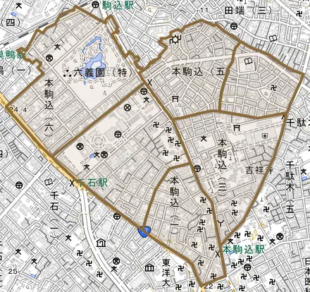 本駒込とその周辺の地図。町の範囲を重ねている