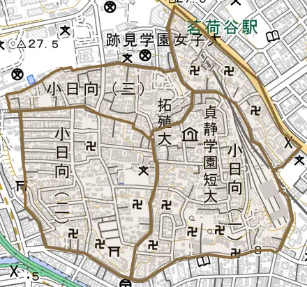小日向とその周辺の地図。町の範囲を重ねている