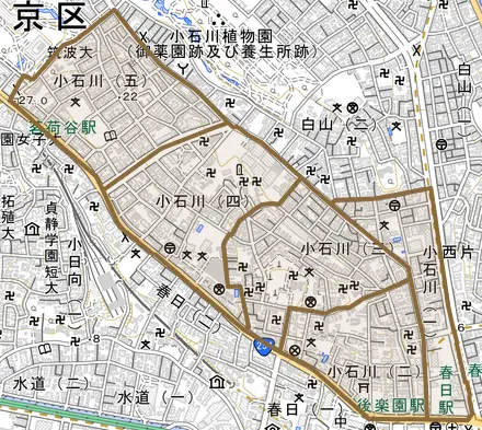 小石川とその周辺の地図。町の範囲を重ねている