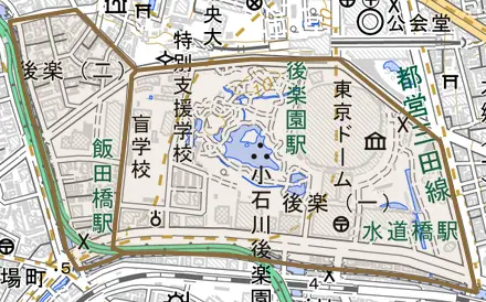 後楽とその周辺の地図。町の範囲を重ねている