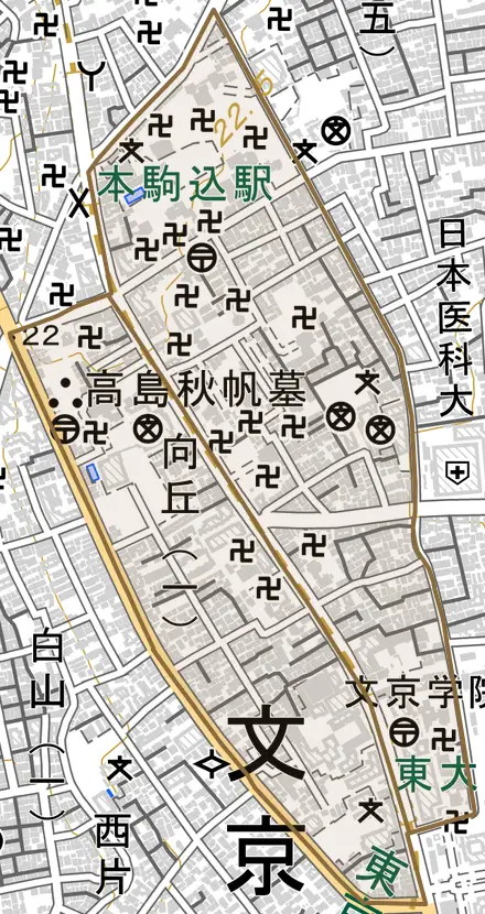 向丘とその周辺の地図。町の範囲を重ねている