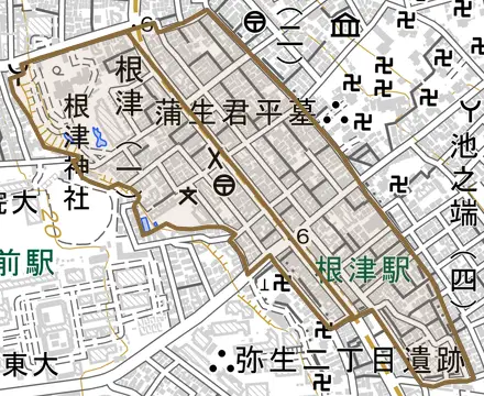根津とその周辺の地図。町の範囲を重ねている