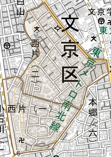 西片とその周辺の地図。町の範囲を重ねている