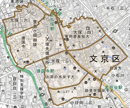 大塚とその周辺の地図。町の範囲を重ねている