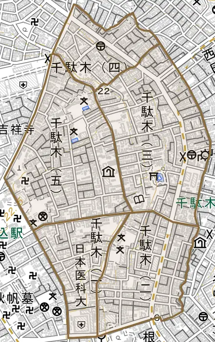 千駄木とその周辺の地図。町の範囲を重ねている