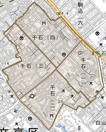 千石とその周辺の地図。町の範囲を重ねている