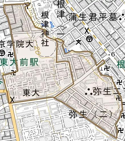弥生とその周辺の地図。町の範囲を重ねている