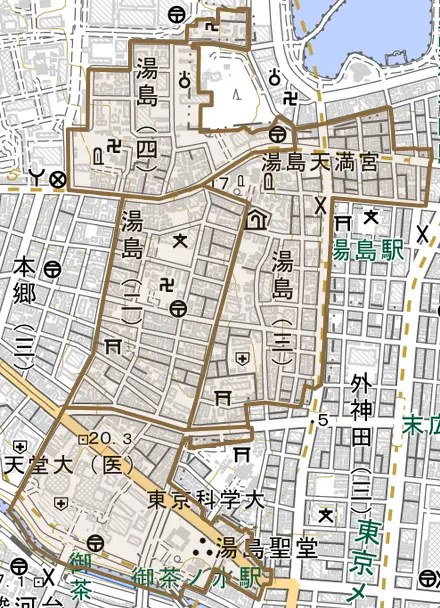 湯島とその周辺の地図。町の範囲を重ねている