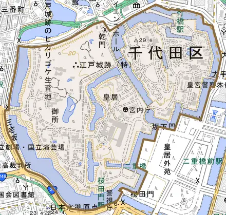 千代田とその周辺の地図。町の範囲を重ねている
